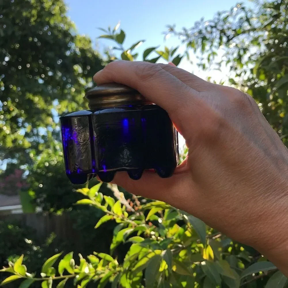 Antique Cobalt Glass Inkwell Square With Brass Hinged‎ Lid